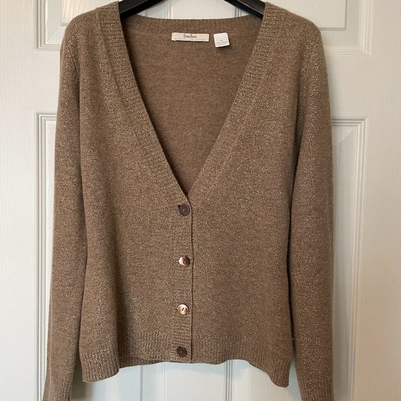 NEIMAN MARCUS 100% CASHMERE COLLECTION CARDIGAN, METALLIC SPARKLE GOLD, SIZE XS - Picture 1 of 5